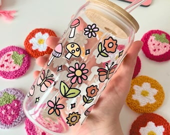 Floral Whimsical Glass Tumbler With Bamboo Lid and Glass Straw, Girlie Vibes, Gifts For Her, Iced Coffee Cup