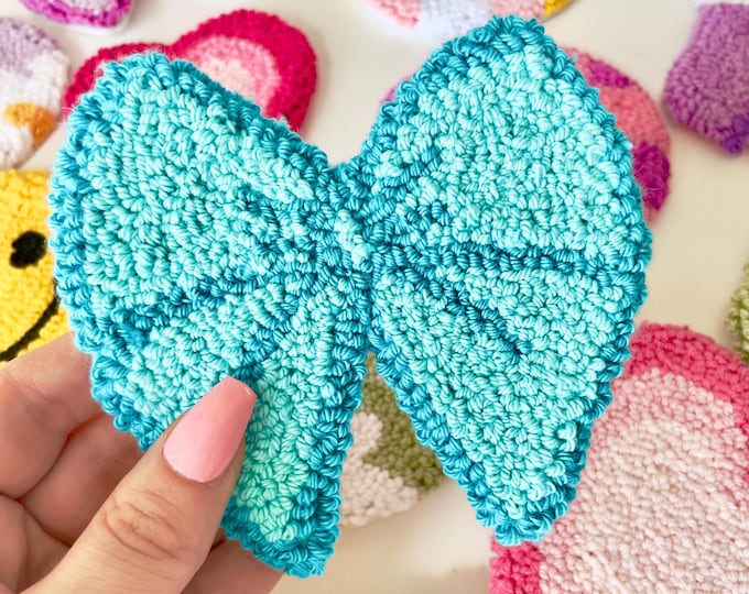 Handmade bow coaster, mug rug, punch needle, office decor, desk decor, trendy home decor