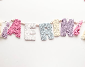 Children's Personalised Garland, Handmade Baby Gift, Punch Needle Bunting, New Baby, Custom Gift Idea, Baby Girl, Baby Boy, Baby Shower Gift