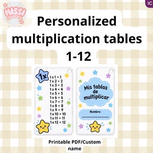 Puede incluir: Dos tarjetas rectangulares con tablas de multiplicar del 1 al 12. La tarjeta izquierda muestra la tabla del 1 con estrellas coloridas y una estrella sonriente. La tarjeta derecha tiene una nube azul con el texto Mis tablas de multiplicar y una línea.