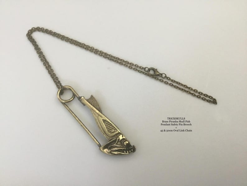 Brass Piranha Skull Fish Safety Pin Pendant Brooch 45 & 50cm Oval Link