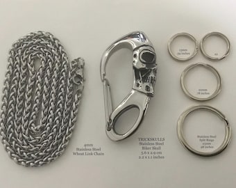 Biker Skull Clip Stainless Carabiner Keychain Hook + Custom Chain + Split Rings