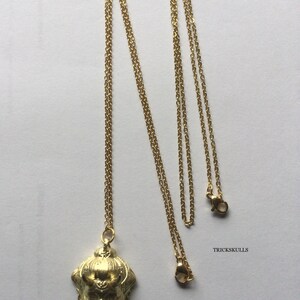 May include: A gold chain necklace with a pendant featuring a detailed, stylized face with horns. The pendant is a 3D sculpture with a textured surface. The chain is a delicate, linked chain.