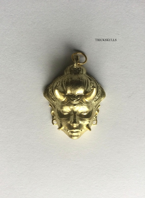 Hannya Oni Devil Ghost Mask Gold Tone Solid Copper Pendant w 45cm & 50cm Chains