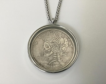 Queen Punk Skull Mohawk Coin & Stainless Steel Locket + 45cm 50cm 55cm or 60cm Custom Wheat Link Chain