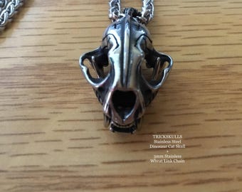 Sabre-Toothed Tiger Smilodon Big Cat Dinosaur Skull Stainless Small Pendant & 3mm Custom Silver or Black Wheat Link Chain