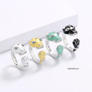 Green Yellow White Black Panther Puma Leopard Cat Adjustable Open Enamel Ring