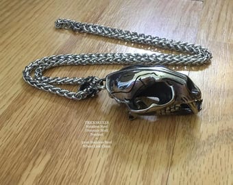 Sabre-Toothed Tiger Smilodon Big Cat Dinosaur Skull Large Stainless Pendant & 5 mm Stainless Steel 60 cm Wheat Link Chain