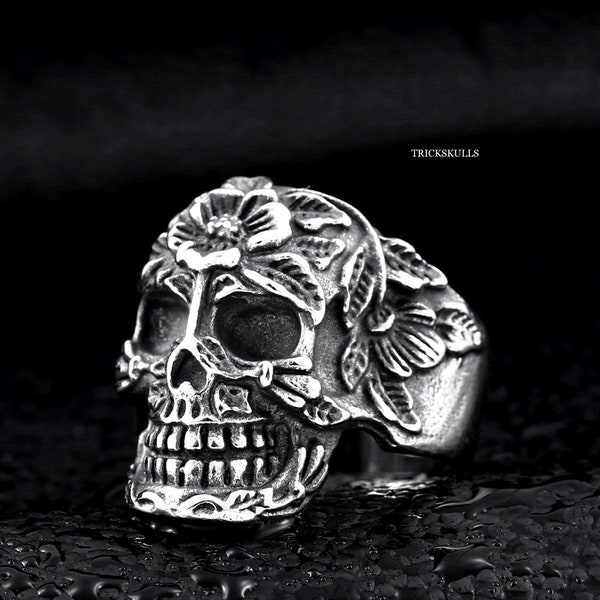 Flower Skulls Retro Floral Skull 316 Stainless Steel Ring Sizes 7 8 9 10 11 12 13