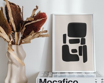 Impresión de arte abstracto, decoración minimalista moderna para el hogar, formas abstractas neutras en negro y beige, imprimible y descargable.