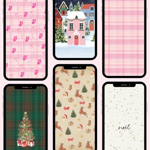 Peut inclure: Six fonds d'écran de téléphone différents sur le thème de Noël. Les fonds d'écran présentent un motif de vichy rose, une maison avec une porte rose, un motif de vichy vert et marron, un motif de rennes et de cadeaux, un motif d'étoiles dorées sur fond blanc et un fond blanc avec le mot "noël" en noir.