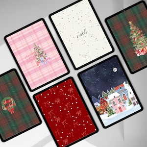 May include: Six different digital Christmas phone wallpapers. The first wallpaper is pink and white plaid with a Christmas tree and the text "Merry & Bright". The second wallpaper is white with gold glitter and the text "noël". The third wallpaper is red and green plaid with a Christmas tree. The fourth wallpaper is red with white polka dots and red bows. The fifth wallpaper is a dark blue night sky with a full moon and a snowy village. The sixth wallpaper is red with white polka dots and red bows.