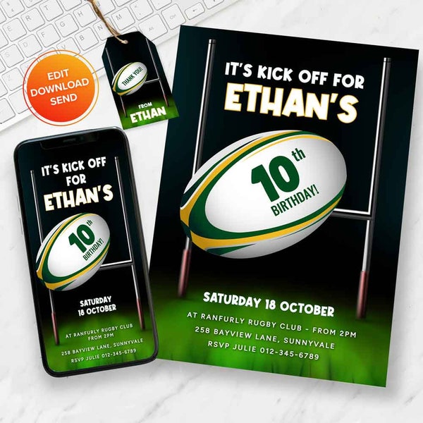 Rugby Birthday Invite, Rugby Editable Template, South Africa Rugby Theme