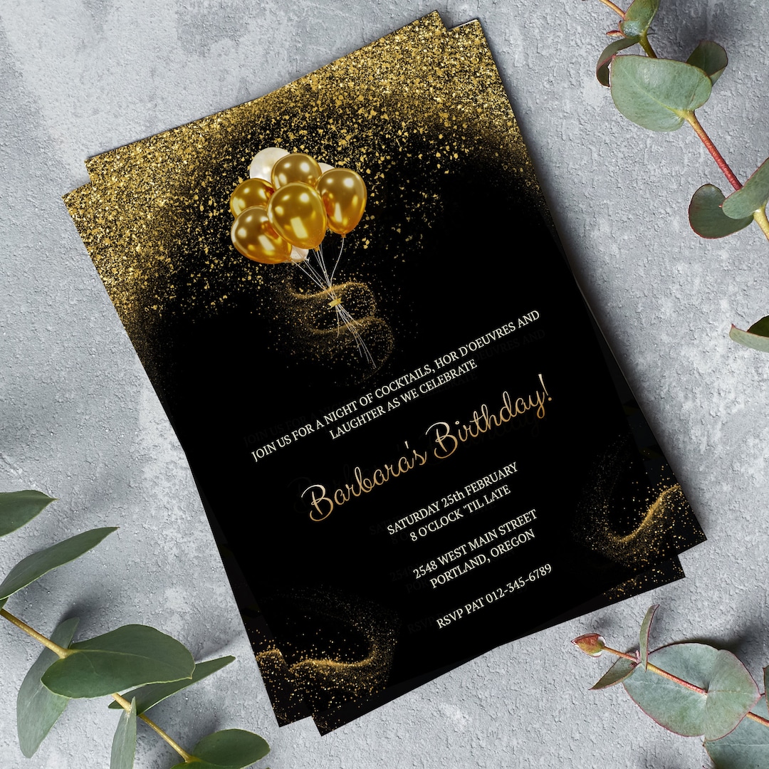 Editable Golden Birthday Invitation, Glitter Party Invite, Golden Editable Golden Birthday Invitation, Glitter Party Invite, Golden