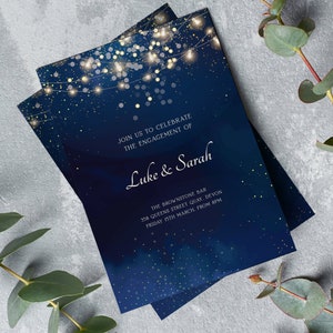 Verlobungsfeier Einladung, Marine und Gold Einladung, elegante Party einladen, Lichterkette einladen, bearbeitbare Vorlage, digitaler Download