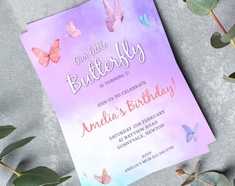 Invitación a la fiesta de cumpleaños de la mariposa, invitación de cumpleaños de la mariposa, invitación a la fiesta de la mariposa, plantilla editable, descarga digital