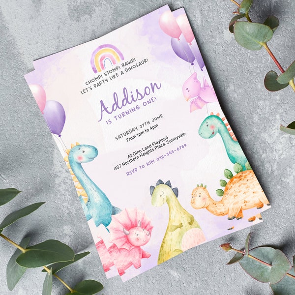 Dinosaur Birthday Invitation | Girls Dinosaur Birthday Invite |  Digital Invitation | Editable Template | Instant Download