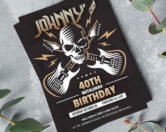May include: Black flyer with gold and white graphics for a 40th birthday. The design features a skull, crossed guitars, and lightning bolts. Text includes "JOHNNY'S", "40TH METALHEAD BIRTHDAY", and event details.