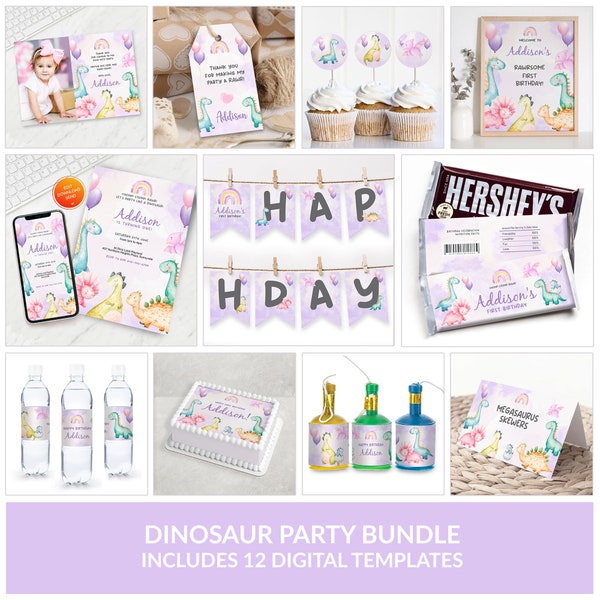 Ensemble d'anniversaire de dinosaure pour filles | Pack de fête dinosaure pour filles | Invitation numérique | Modèle modifiable | Téléchargement instantané