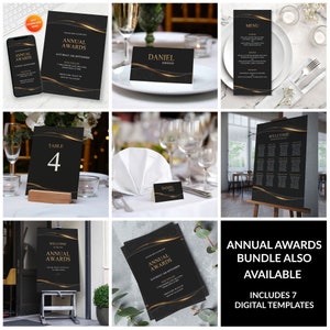 Coordinated black and gold awards stationery set including invitation, menu, place card, table number, and welcome sign for elegant event décor.