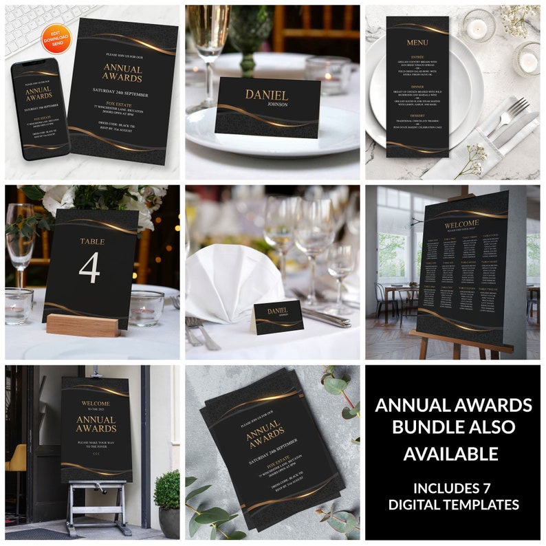 Coordinated black and gold awards stationery set including invitation, menu, place card, table number, and welcome sign for elegant event décor.
