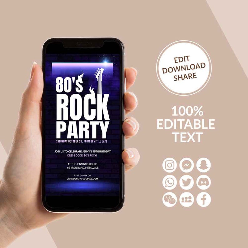 80s Rock Birthday Invitation Template, Rockstar Party Invite, Guitar ...