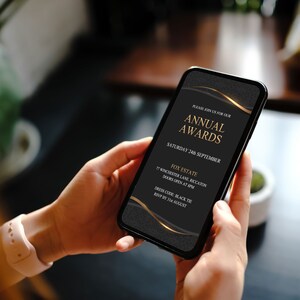 Modern black tie awards night invitation shown on smartphone screen, sleek digital template for business events, gala dinners, and award ceremonies.