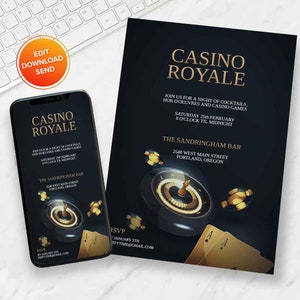 Peut inclure: Une invitation noire et dorée pour une soirée à thème Casino Royale. L'invitation présente une roulette, des cartes à jouer et le texte "Casino Royale". La fête se déroule au Sandringham Bar le samedi 25 février de 20h00 à minuit. RSVP avant le 5 janvier à partytime@gmail.com.