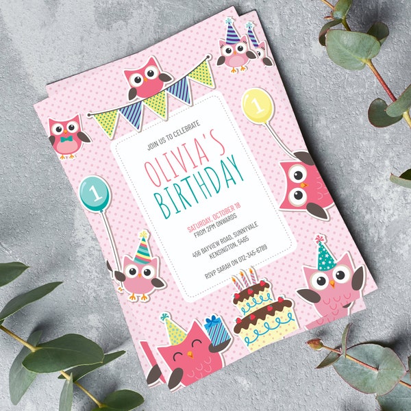 Pink Owl Girls Birthday Invitation, Cute Pink Girls Birthday Invite, 1st Birthday Invitation, Editable Template, Instant Download