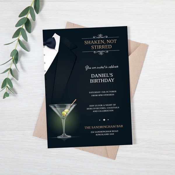 Shaken, Not Stirred | Black Tie Invite | Casino Night Invite | Instant Download | Editable Template