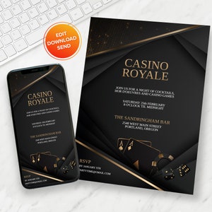 May include: Black and gold Casino Royale invitation design. The invitation features the text "Casino Royale" and event details. The design includes playing cards, dice, and gold accents. A smartphone displays the same invitation.