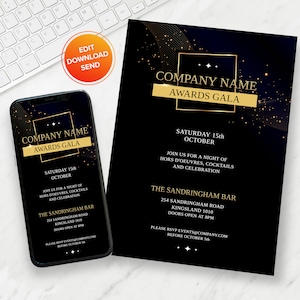 Puede incluir: Una invitación negra y dorada para una gala de premios de empresa. La invitación presenta un diseño de estrella dorada y el texto "Company Name Awards Gala". El evento está programado para el sábado 15 de octubre en The Sandringham Bar, ubicado en 254 Sandringham Road, Kingsland 1010. Las puertas abren a las 8 PM. RSVP antes del 5 de octubre.