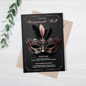 Faire-part de mascarade en or rose. Invitation de bal masqué, soirée masquée, téléchargement immédiat, modèle modifiable