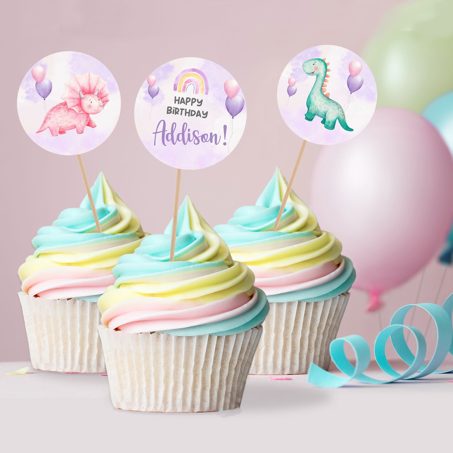 Dinosaur Cupcake Toppers, Dinosaur Party Decorations, Girls Birthday ...