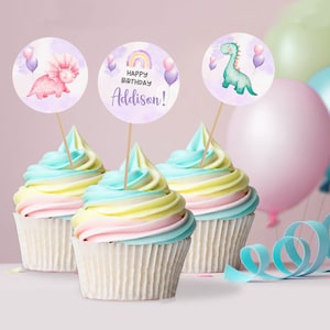 Dinosaur Cupcake Toppers, Dinosaur Party Decorations, Girls Birthday Cupcake Topper, Editable Template, Instant Download, Digital Downlaod