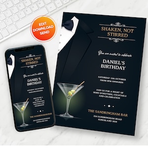 May include: A black and gold invitation for a birthday party at The Sandringham Bar. The invitation features a martini glass with olives and a tuxedo with a bow tie. The text reads "Shaken, Not Stirred" and "You are invited to celebrate Daniel's Birthday".