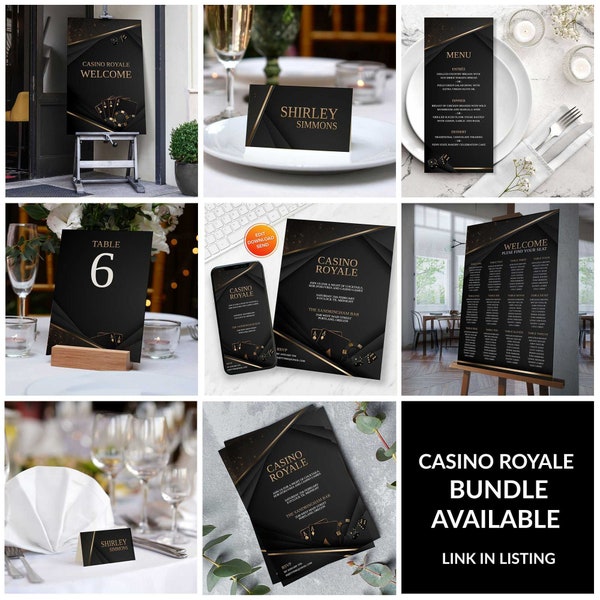 Casino Royale Partybundel | Casinofeestuitnodiging, tafelkaarten, menu, welkomstbord en meer - inclusief 7 digitale sjablonen.