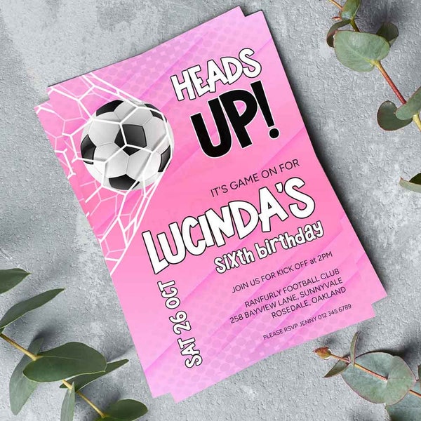 Girls Pink Football Birthday Invitation, Pink soccer birthday invite, Editable Template, Free Gift Bag Tag Included.