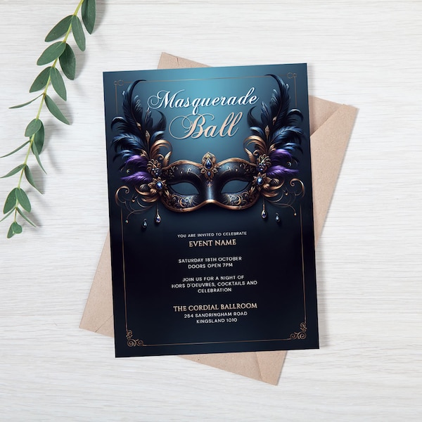 Masquerade Party Invitation. Masquerade Ball Invite, Mask Party, Instant Download, Editable Template