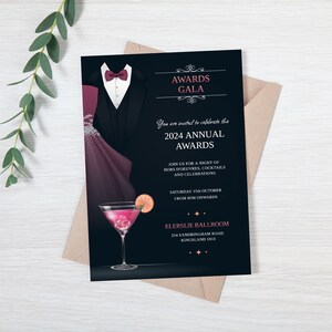 Op de afbeelding: Een zwart-witte uitnodiging voor het jaarlijkse Awards Gala 2024. De uitnodiging toont een smoking en een cocktailjurk, een martini-glas met een kers en een schijfje sinaasappel, en de tekst "Awards Gala". Het evenement vindt plaats op zaterdag 15 oktober in de Elerslie Ballroom, gelegen aan Sandringham Road 254, Kingsland 1010.