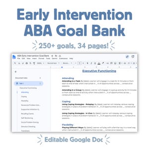 Puede incluir: Un documento Early Intervention ABA Goal Bank con más de 250 objetivos en 34 páginas. El archivo digital es un Google Doc editable que muestra una lista de objetivos de funciones ejecutivas, incluyendo categorías como Attending, Coping y Flexibility.