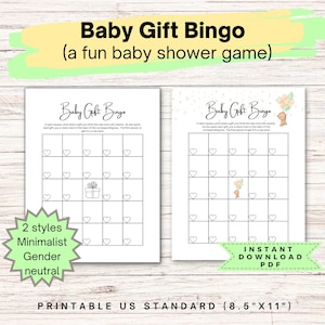 Baby gift bingo game.  A printable baby shower game in 2 styles both gender neutral.