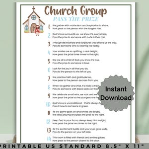 May include: A printable A4 game sheet titled "Church Group Pass the Prize." The design features a church illustration and instructions for a group activity. The text includes prompts for passing a prize based on various criteria.