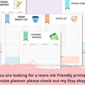 May include: Printable cruise planner with sections for cruise history, bucket list, to do list, payment tracker, and travel itinerary. The planner has a colorful design with icons and text.