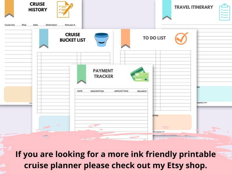 May include: Printable cruise planner with sections for cruise history, bucket list, to do list, payment tracker, and travel itinerary. The planner has a colorful design with icons and text.