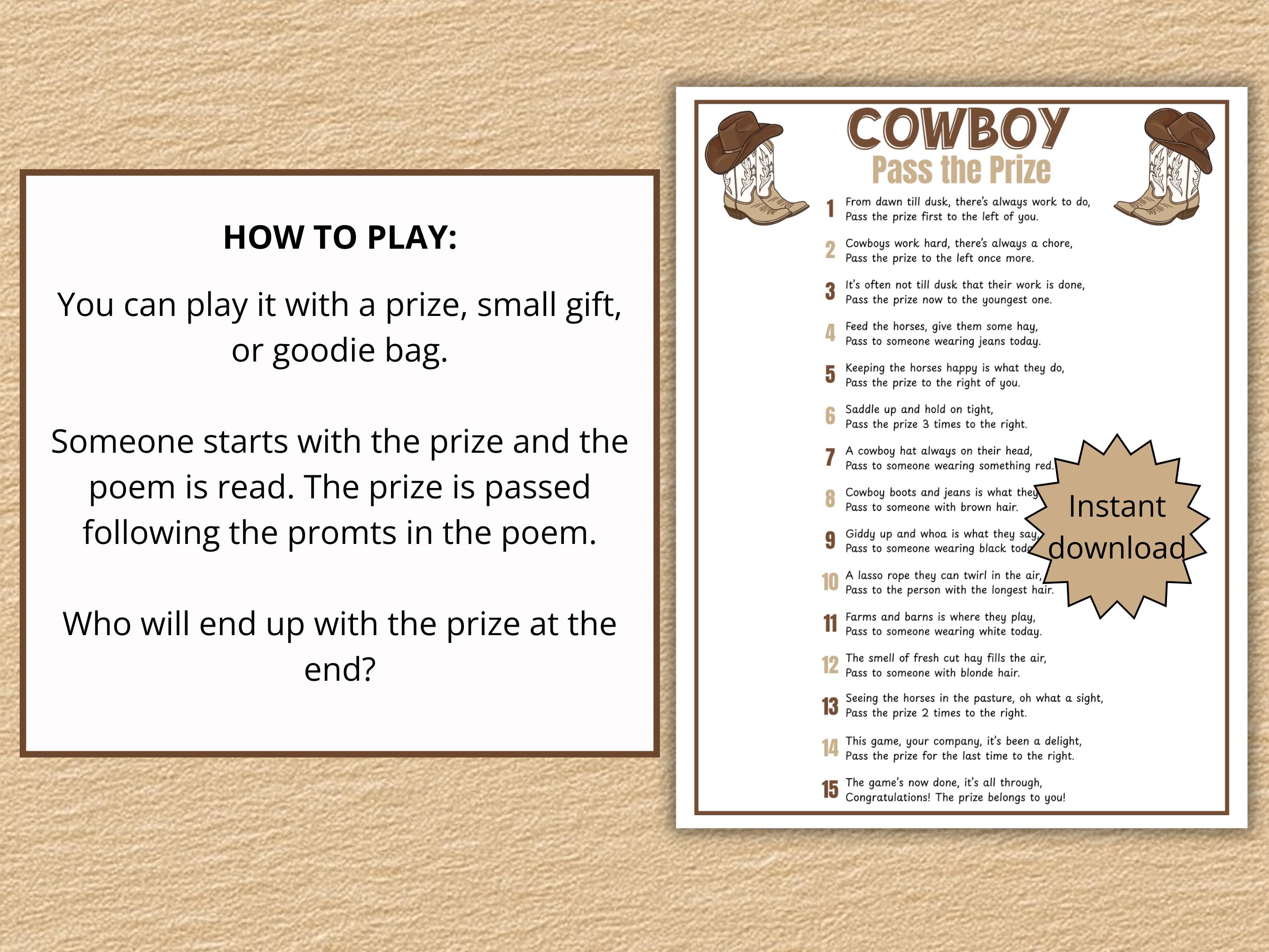 Pass the Prize Cowboy, Cowboy Birthday Party Games, Western Party Game ...