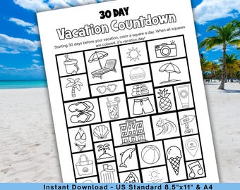 Printable 30 day vacation countdown, trip countdown, beach countdown, count down calendar, cruise countdown, summer countdown