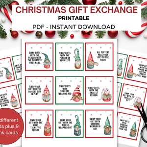 Afdrukbaar kerstcadeau-uitwisselingsspel, cadeau-ruilspel, geheim kerstspel, cadeau-uitwisselingskaarten, geef het geschenk door, vakantiecadeau-ruil, ruilkaarten