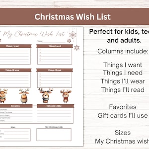 May include: A Christmas Wish List printable with columns for wants, needs, wear, and reading. Includes sections for favorites, gift cards, sizes, and a space for a Christmas wish. The design features watercolor reindeer illustrations.