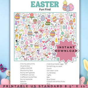 May include: A printable Easter activity sheet with the text "EASTER Fun Find." The sheet features a colourful pattern of Easter eggs, bunnies, flowers, and other spring-related images. Includes a list of items to find. The words "INSTANT DOWNLOAD" are also visible.